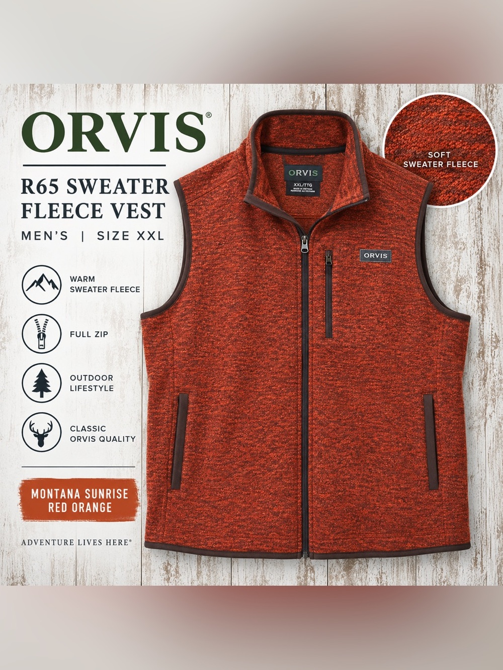 Orvis R65 Sweater Fleece Vest Men’s XXL Montana Sunrise Red Orange Full Zip